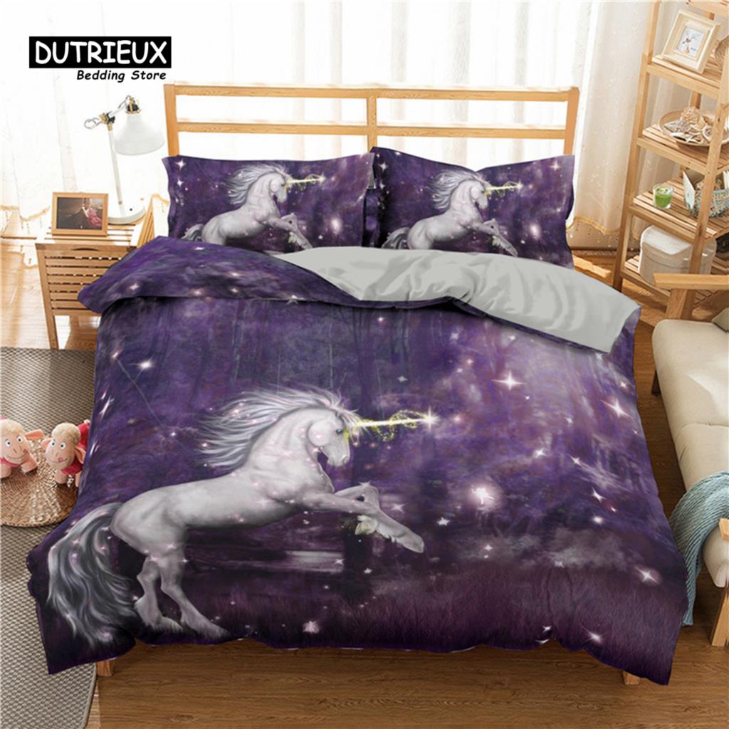 Bettbezug mit weißem Drachenpferd, 3D-Einhorn-Bettwäscheset für Teenager und Kinder, Mikrofaser, Western-Cowboy-Bettbezug mit Kissenbezügen