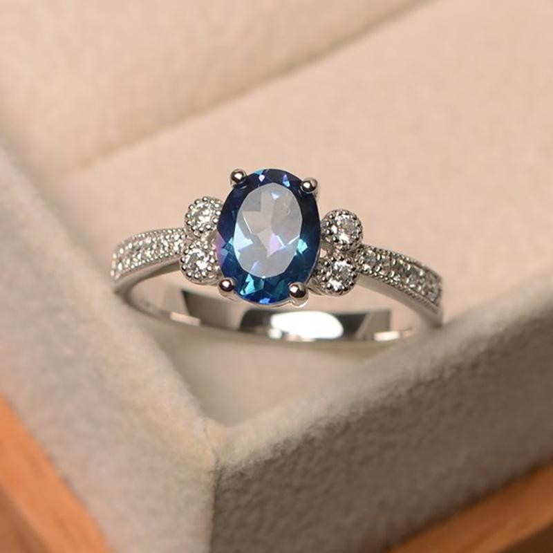 Huajie Women's Exquisite Elliptical Deep Blue Multi-faceted Cut Zircon Rings Shining Wedding Party Trendy Tide