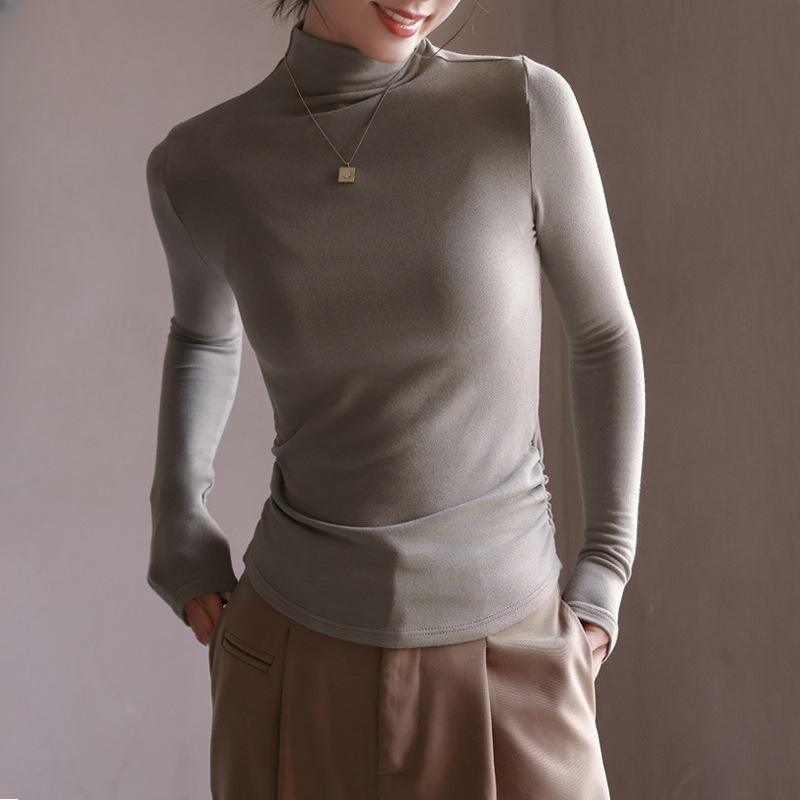 Vysoce kvalitní dámský základní top s polozvýšeným krkem, jednobarevný, s běžnými rameny a dlouhým rukávem, tričko pro vnitřní nošení na podzim a zimu