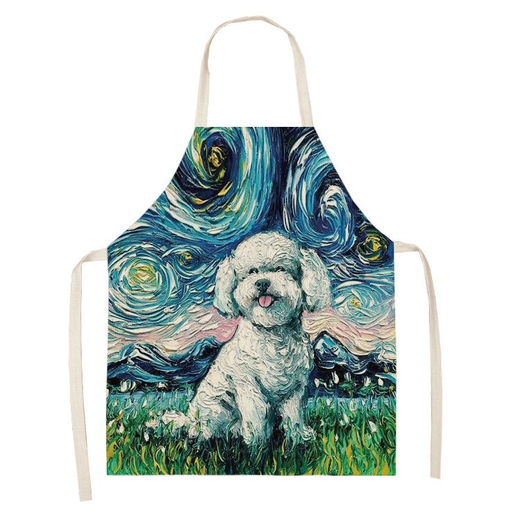 Schürze im Ölgemälde-Stil, Sternenhimmel-Hintergrund, Hund, Leinen, Baumwolle, kreative Eltern-Kind-Schürze, Familienküche