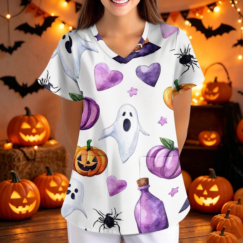Women's Halloween Print Loose Fit V Neck Short Sleeve Medical Scrub Top with Pockets for Healthcare Professionals Nurse Uniform