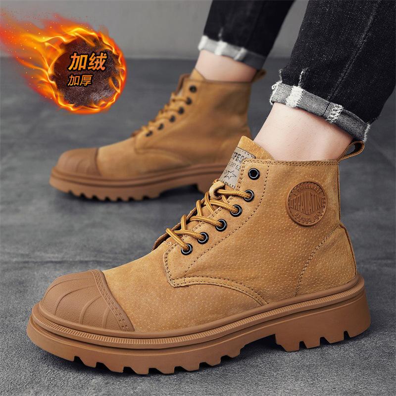 

New rhubarb boots men s genuine leather British velvet short boots leather boots outdoor high-top men s shoes trendy boots men s Martin boots 44