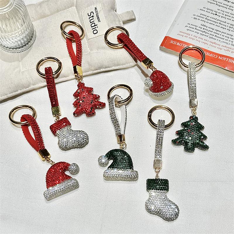 Cartoon Rhinestone Christmas Keychain For Women Girls Christmas Tree Keyring Bag Pendant Decoration Accessories
