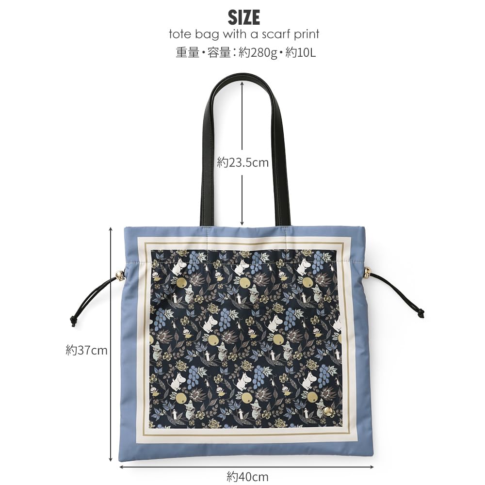 Official [MOOMIN] Tote Bag, Drawstring Bag, Scarf Print, Little My, Moomin, Snufkin, and Hattifatteners, Stylish Handbag, Nordic Design, RMSC-01