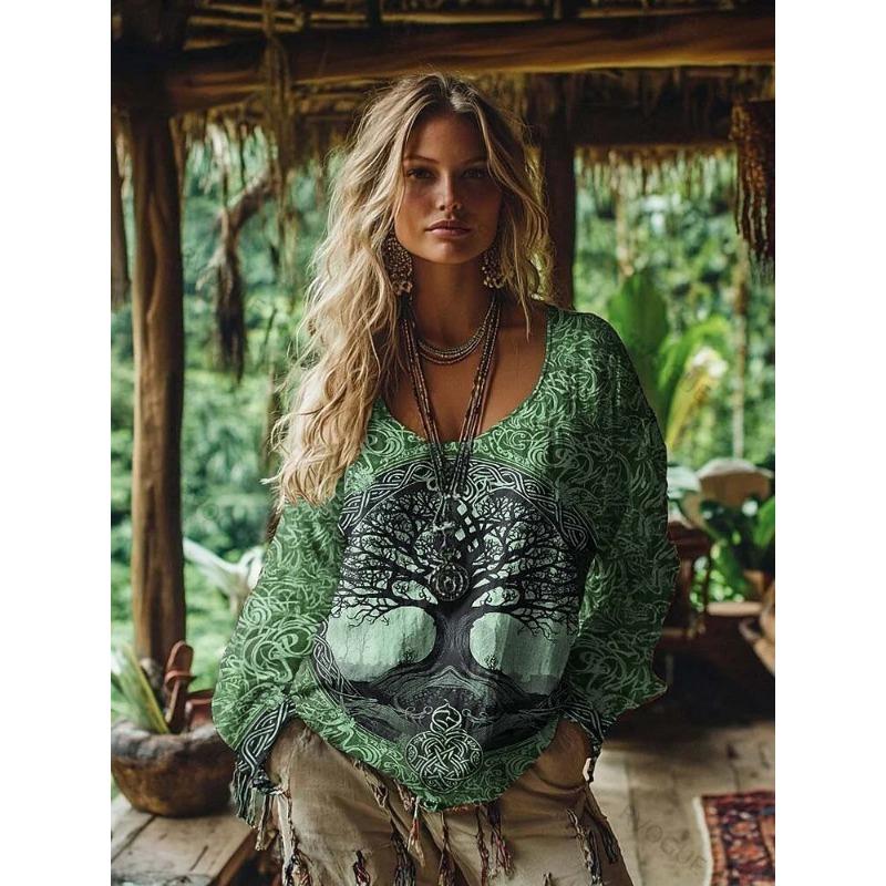 Women's Boho T-shirt Graphic Geometric Elegant Bohemia Vintage Long Sleeve V Neck Regular Tops Daily Weekend
