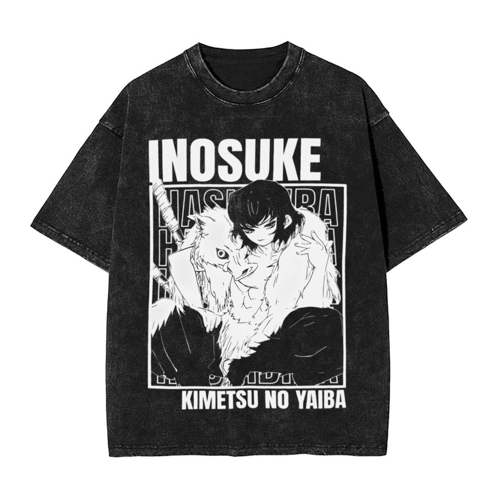 Anime Demon Slayer Hashibira Inosuke Graphic T Shirt Men Women Cotton Tshirts Vintage Washed Tee Harajuku Male Casual T-shirts