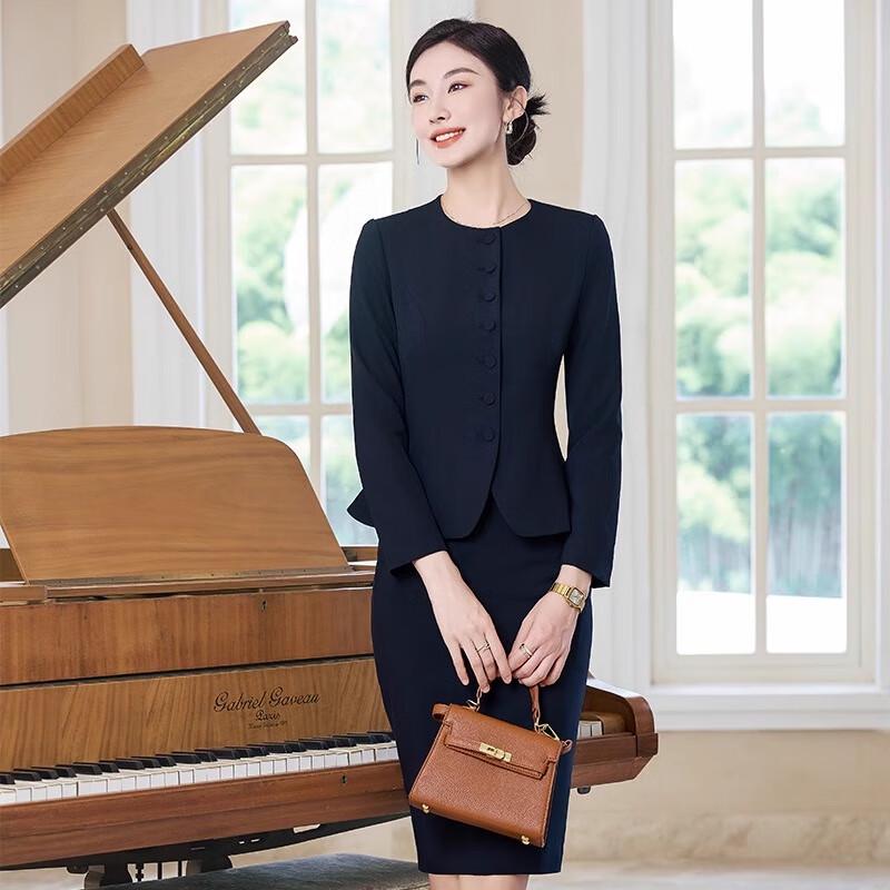Women's New Chinese Style Dark Blue Professional Suit Set