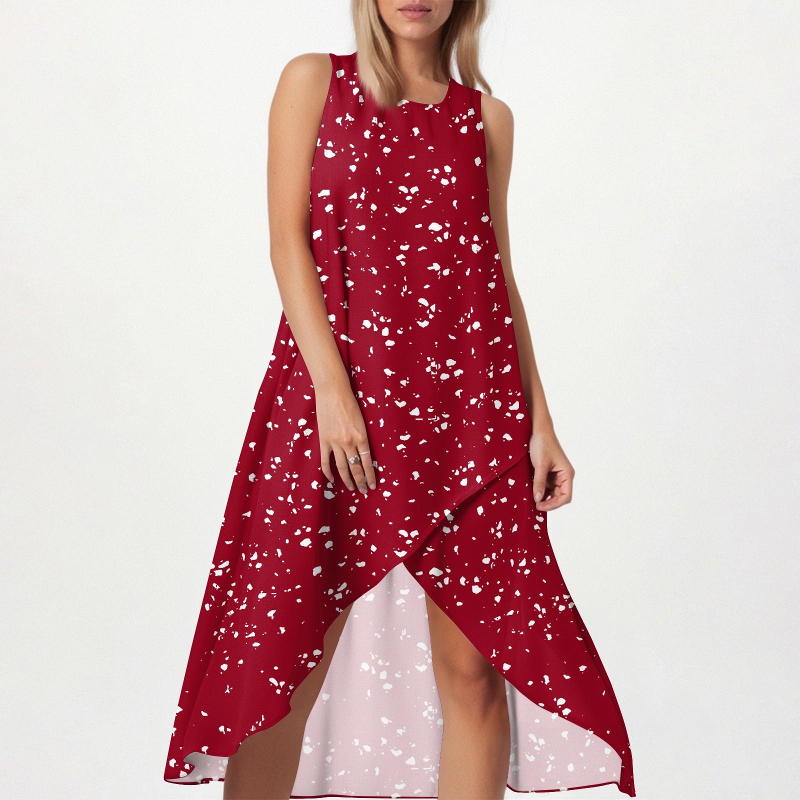 

Women s Loose Casual Fashion Square Round Neck Solid Color Dress Beach Skirt Slit Side Sleeveless Cotton And Linen Skirt XL червоний