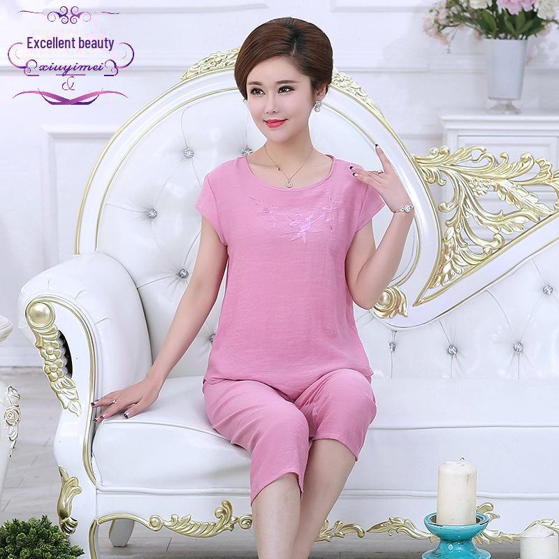 

Женский летний пижамный комплект из хлопка и льна – комплект из двух предметов с короткими рукавами для людей среднего и пожилого возраста, универсальный для дома и улицы CX203, 3XL розовый