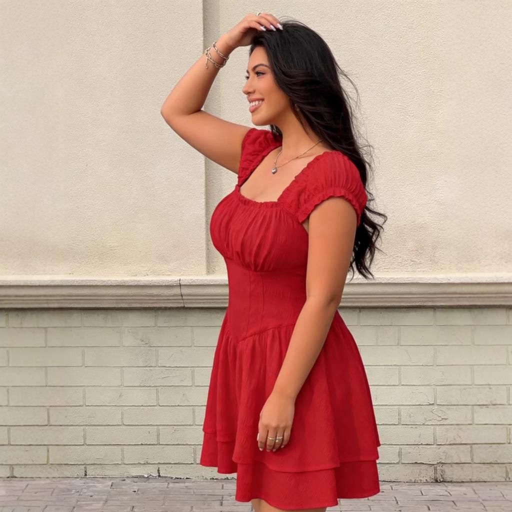 Cross-border Special Supply of Large Size Red Square Collar Waist Double-layer Skirt Dress, European and American Foreign Trade Women's Clothing Party