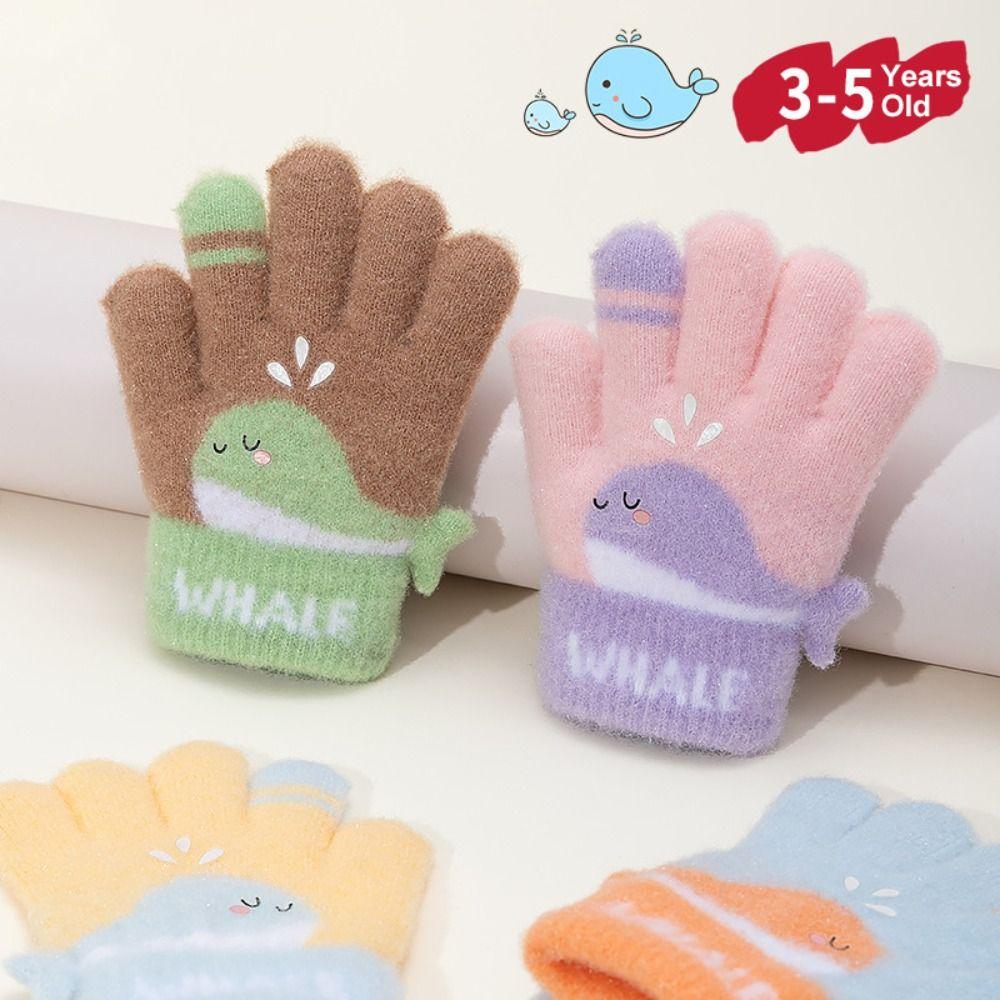 Warm Plush Winter Knitted Gloves Cute Whale Kids Gloves Cartoon Five-finger Gloves  Boys Girls