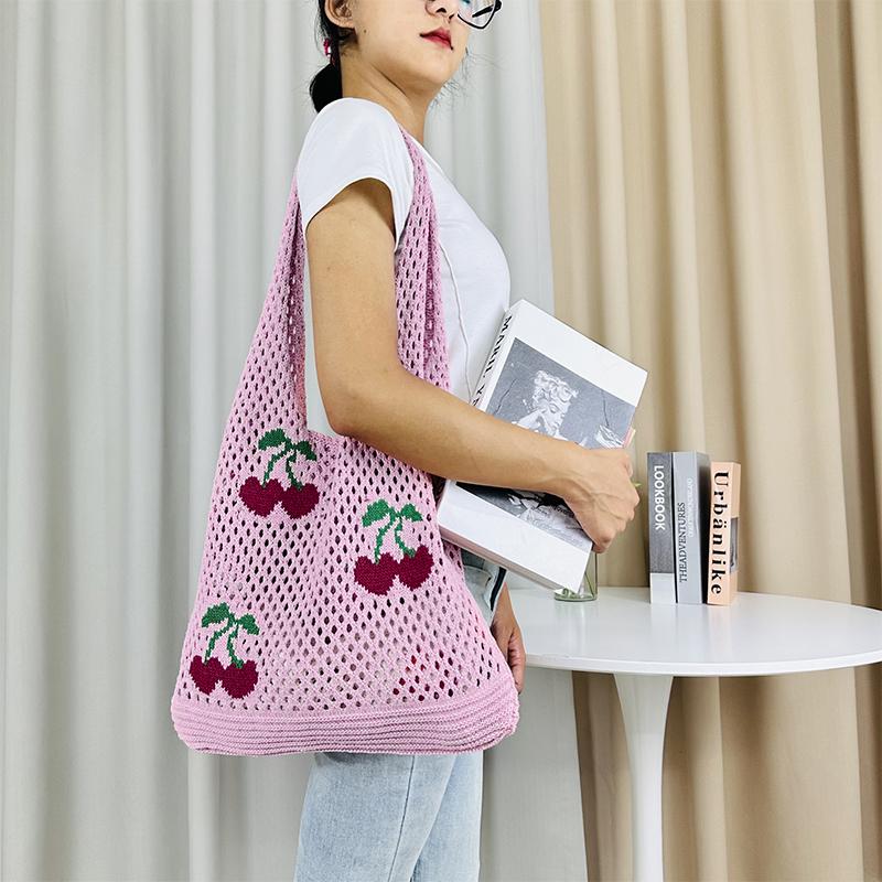 New I-Knitted Bag Knitted Bag Large Capacity Tote Bag Cherry Shoulder Bag
