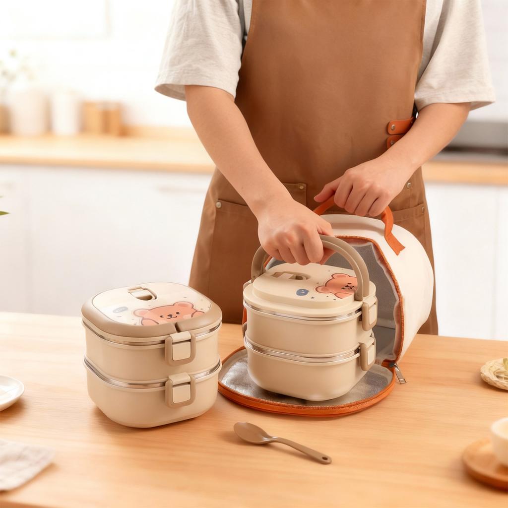 WORHTBUY Cute Square Insulated Food Container With Spoon Portable Large Capacity Stackable 304 Stainless Steel Lunch Box For Kid