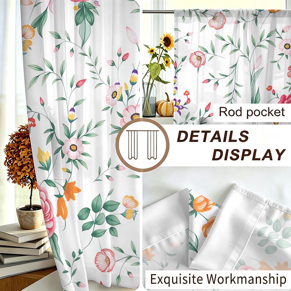 2Pcs Rod Pocket Curtain Light Block Privacy Drape Living Bedroom Multicolor Vintage Floral Print Window Curtain For Home Deco