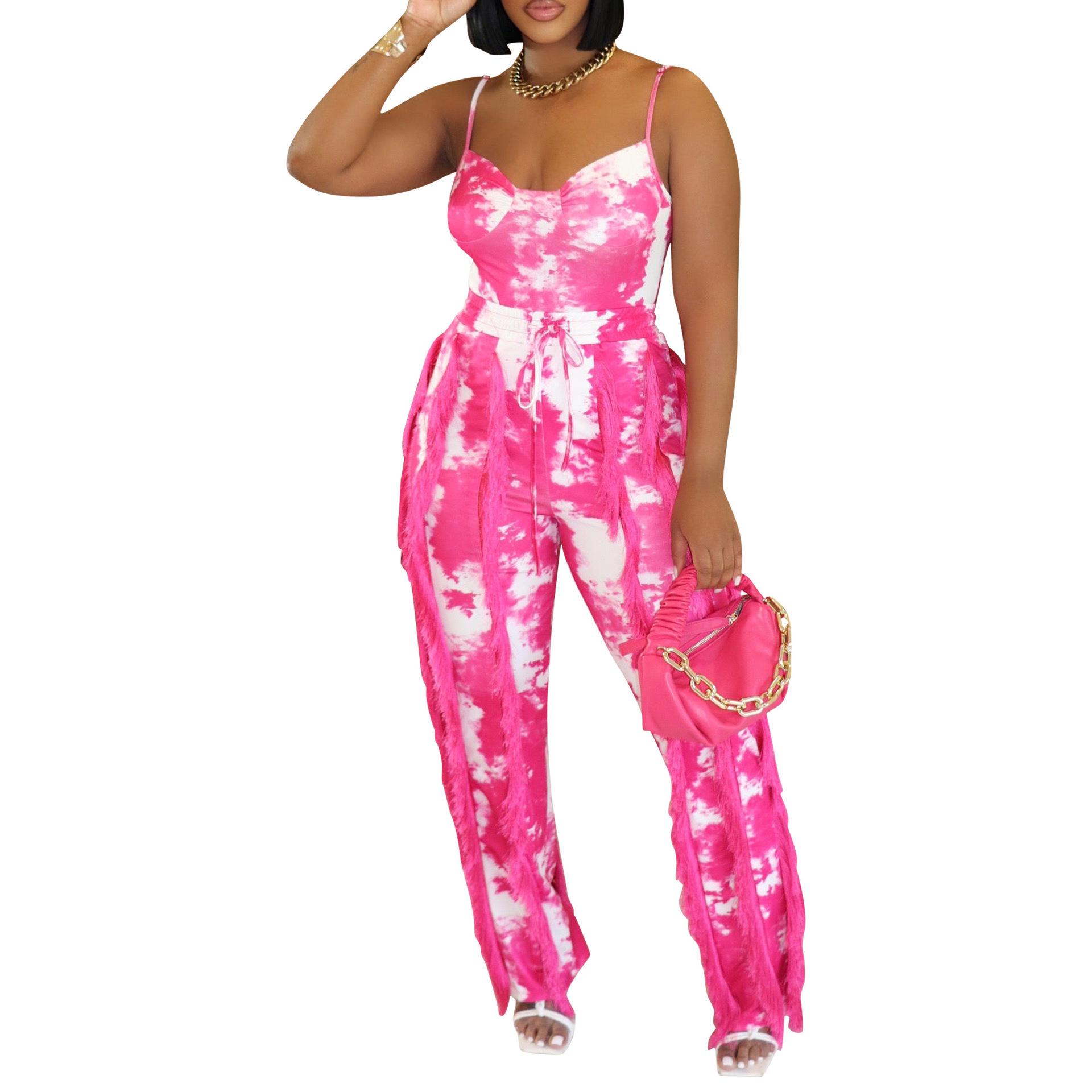 

Европейский и американский женский модный комплект: кружевной комбинезон-камезоль с принтом и кисточками для лета M розы красного