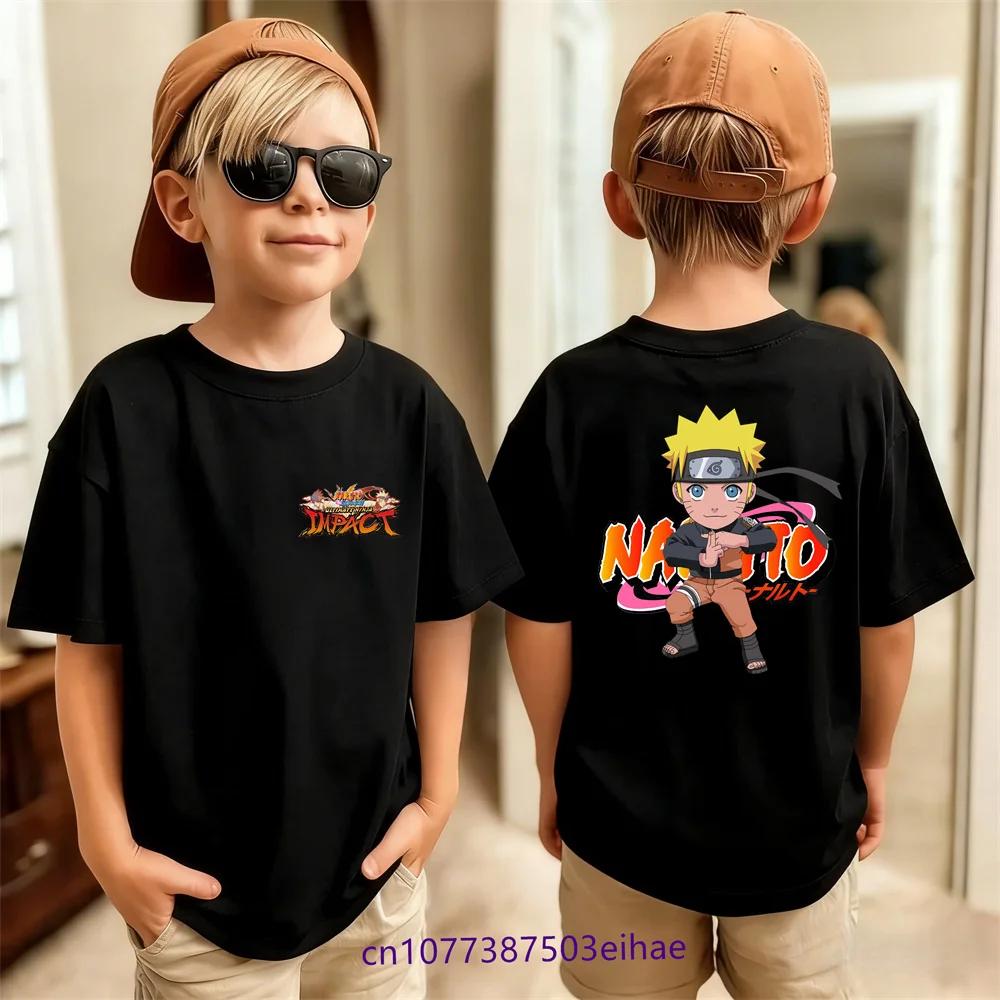 Naruto Trendy Brand Black Childrens Tshirt Summer New Anime Peripheral Printed Parent Child Wear Pure Cotton Fashion Tshirt 100
