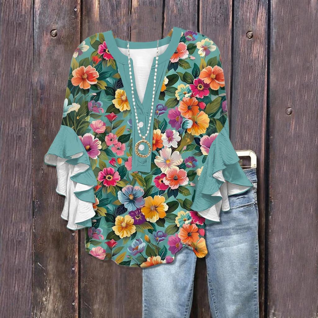 Summer Women's Tops V-Neck Seven Sleeve Shirt Spring Summer Floral Printed Tops Casual Shirt