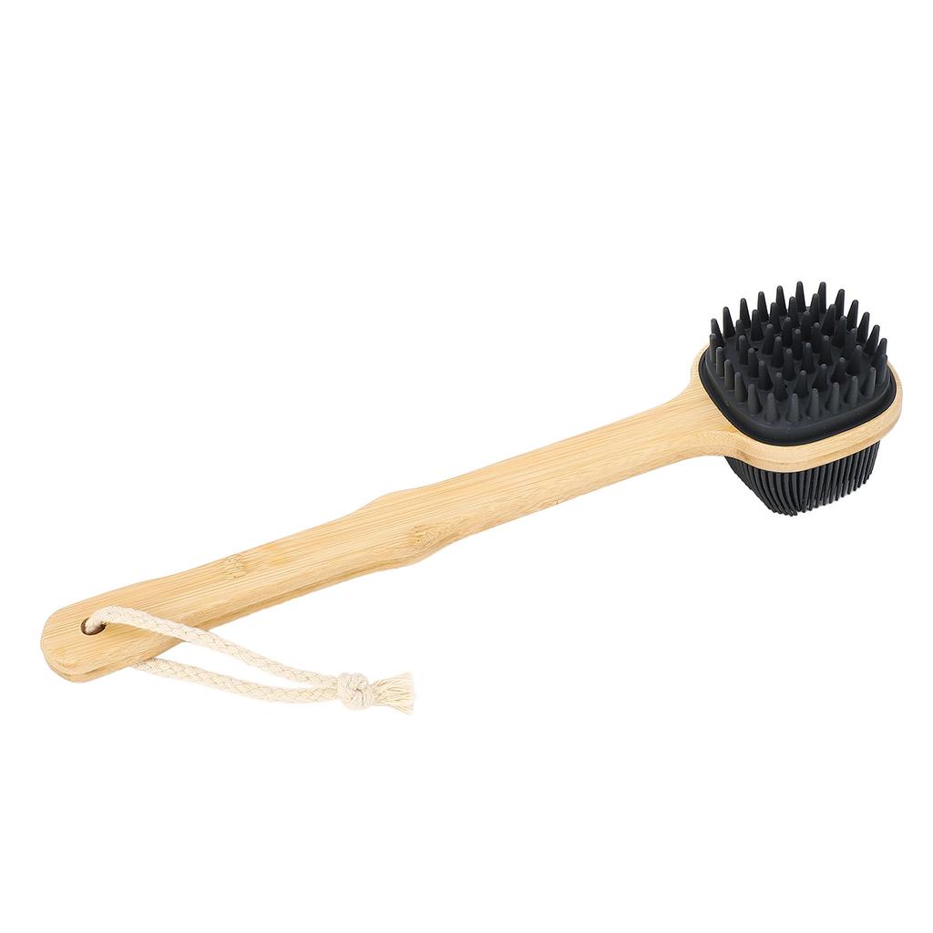 Bath Brush Double Sided Silicone Bristle Shower Brush Bamboo Wood Long Handle Back Scrubber Brush wi