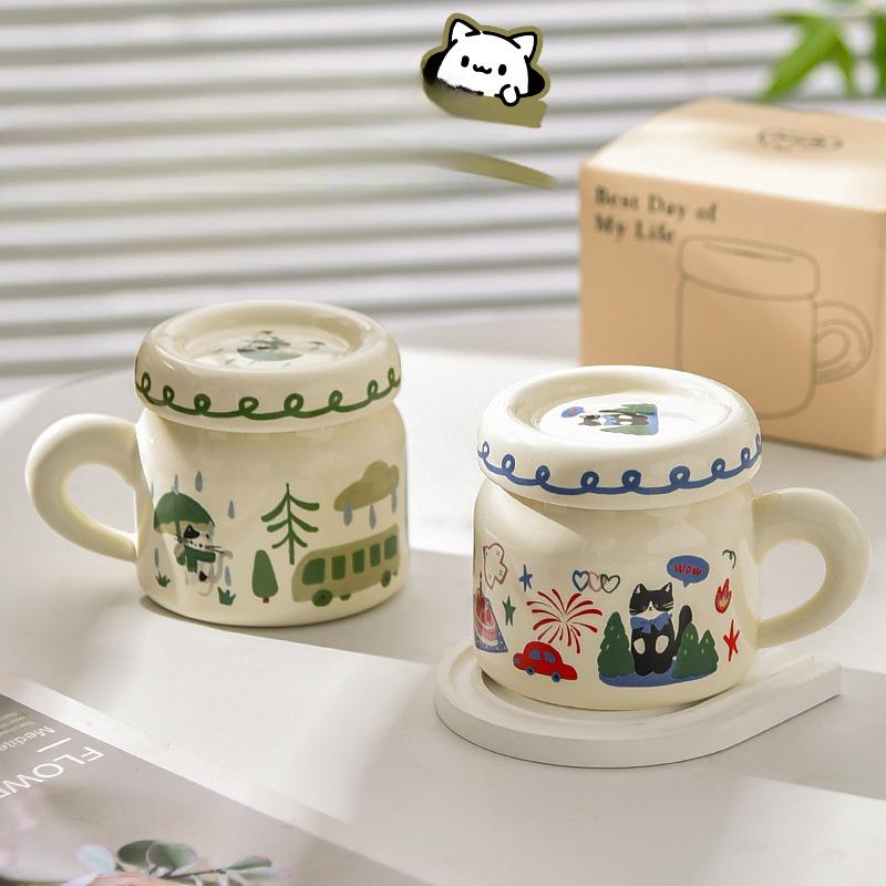 Cat Ceramic Cup with Lid Mug Girl Cute Literary Milk White Small Drinking Water Cup Office Worker Coffee Cup