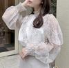 Shoulder Ruffle Lace Floral Sheer Ruffle Office Korean Fashion [KOREARU] Top, Women's Top, Blouse, Print, Shirt, Blouse, Blouse, Top,