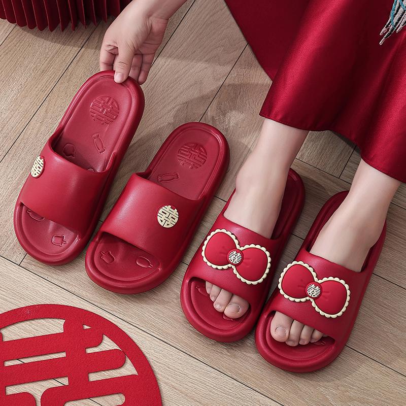 Festive Wine Red Bride Slippers: Luxurious, Comfy Summer Footwear