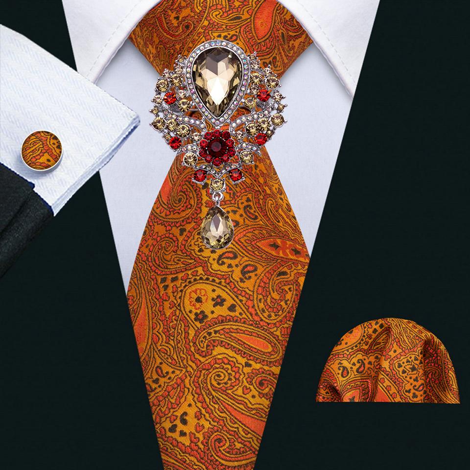 Barry.Wang Cravate pentru bărbați cu broșă Paisley Jacquard Set de cravate formale din mătase