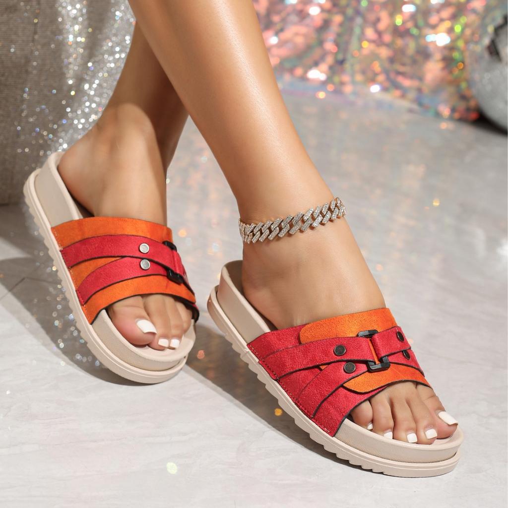 One-pedal slippers for home wear, red fabric decorative flats, comfortable and simple double-layer white flat slippers