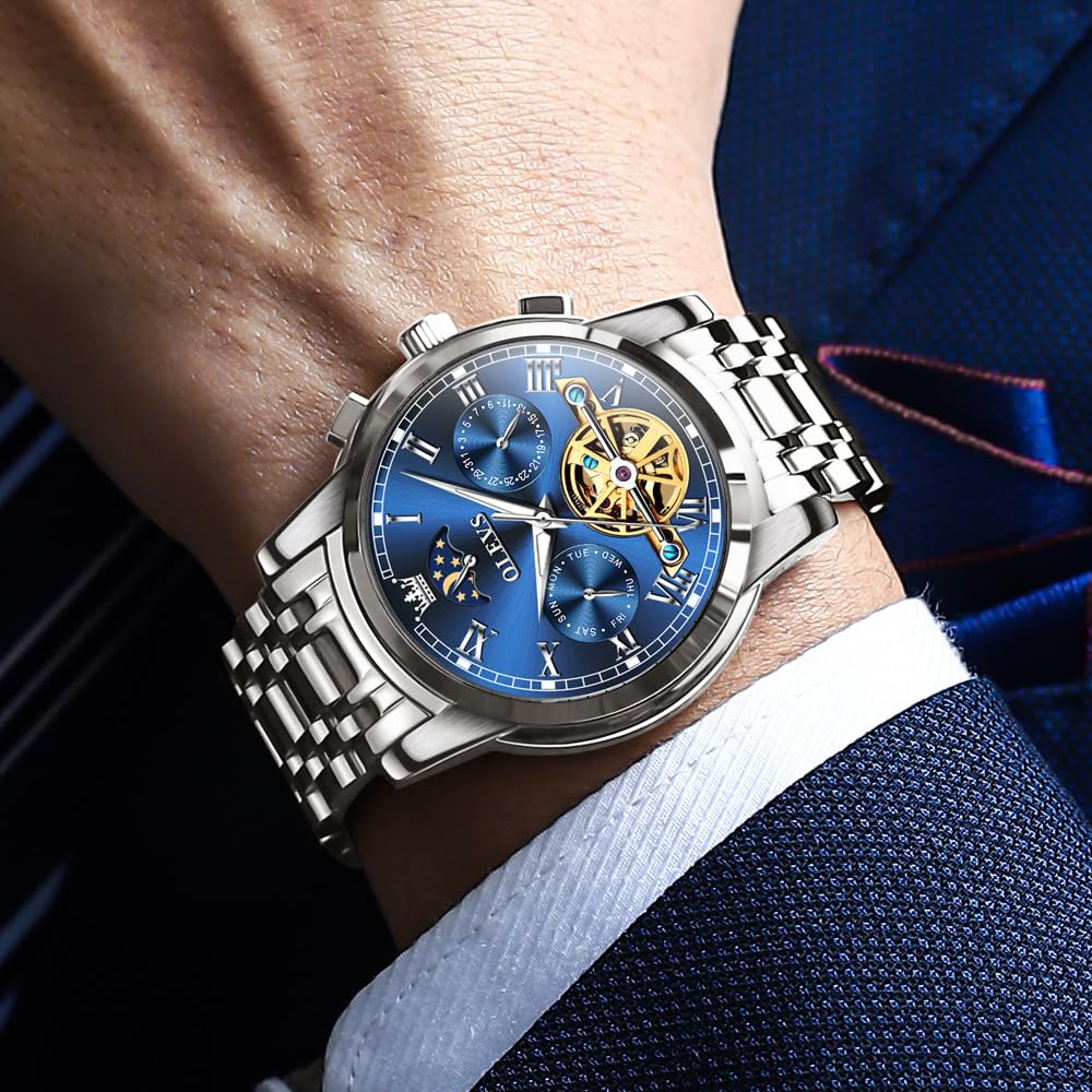 OLEVS Men's Mechanical Automatic Moon Phase Skeleton Watch Waterproof