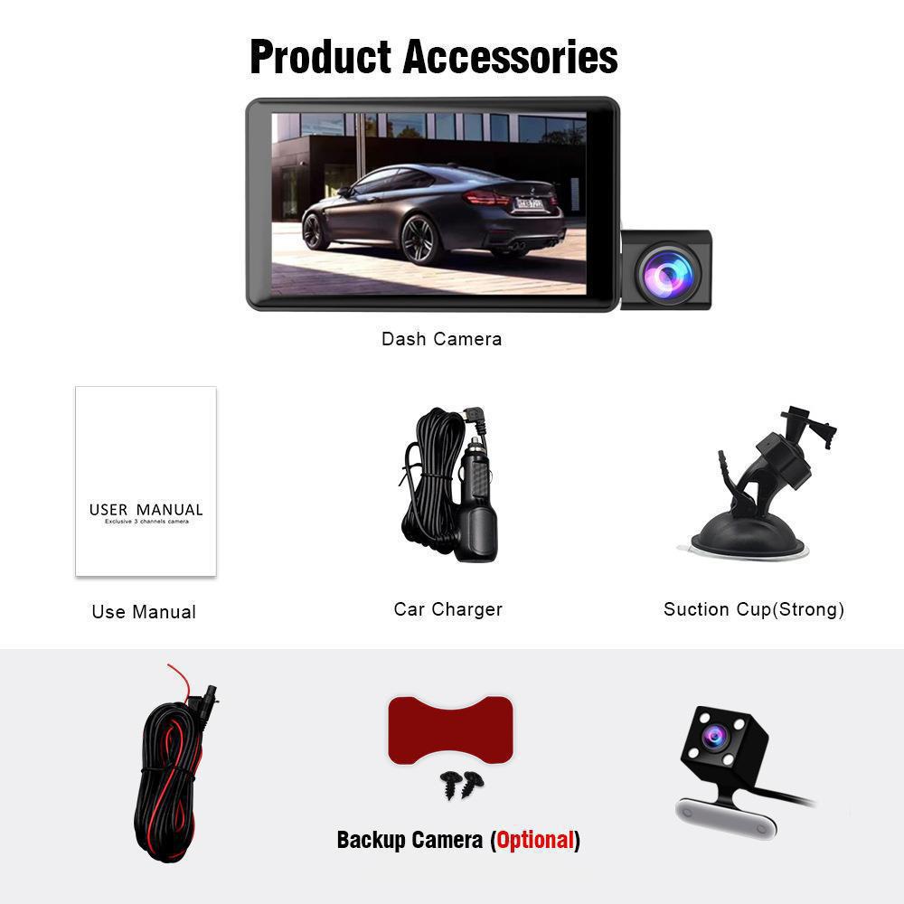 1080P DVR Dash Camera 3-Lens Front & Inside & Rear Camera Driving Recorder 4 Inch Screen Dashcam