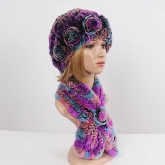 Hot Sale Lady Natural Fur Hats Scarves Sets Women Winter Knit Real Rex Rabbit Fur Hats Muffle 2 Pieces Real Fur Hat Scarf