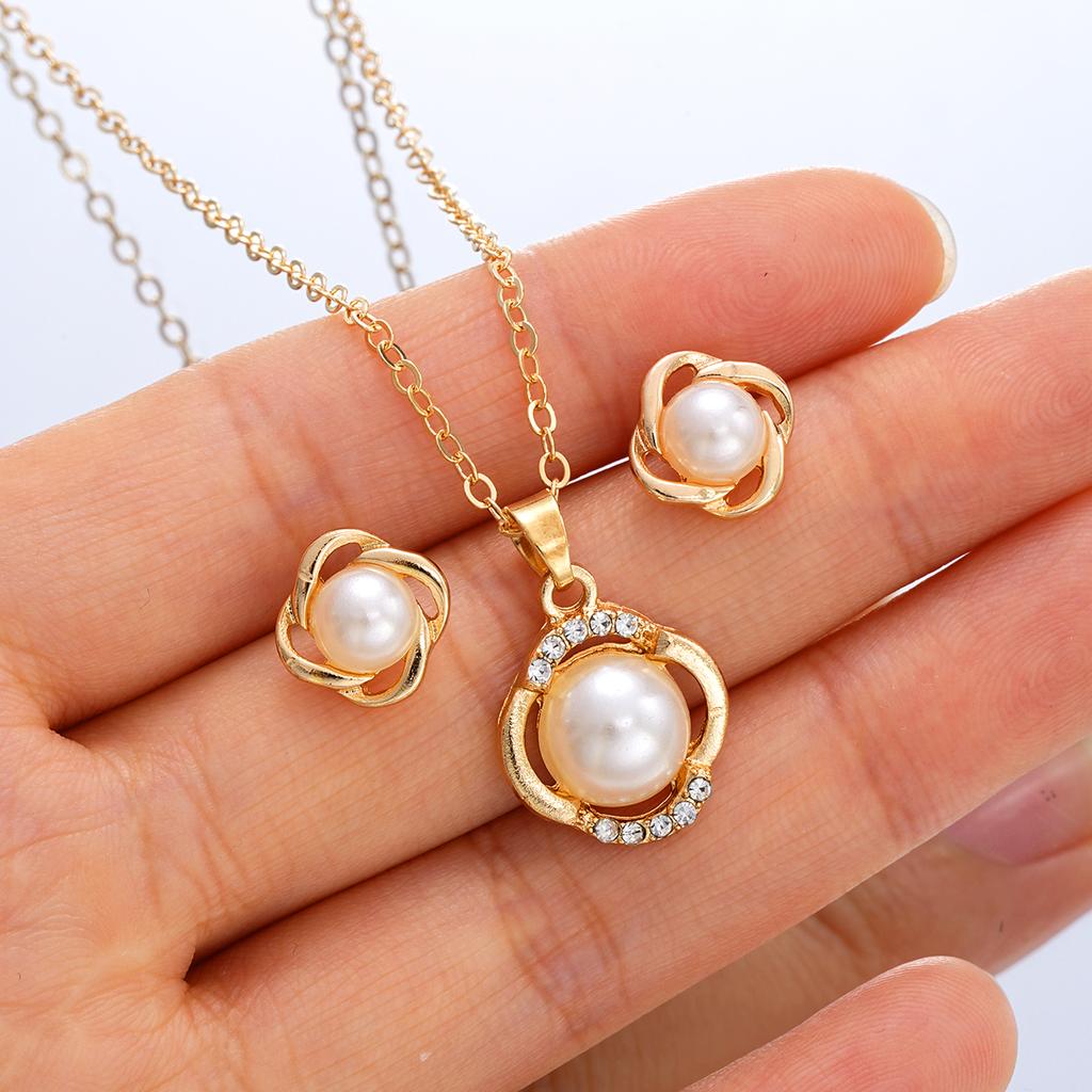 IF ME 3Pcs/Set Zircon Imitation Necklace Earring for Women Elegant Geometry Gold Color Jewelry Set Fashion Party Gift