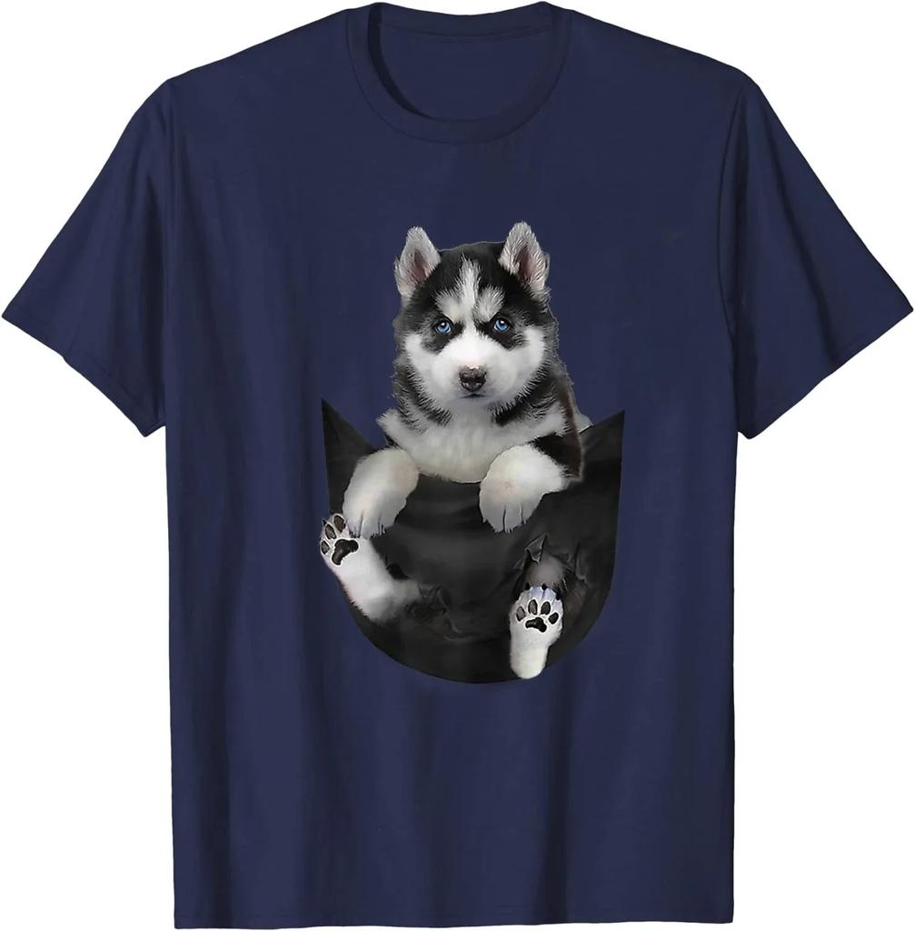 Puppy In Pocket Funny Design Husky Dog Lover Gift TShirt Short Sleeve Casual 100 Cotton ONeck Summer Mens Tshirt Size S3XL