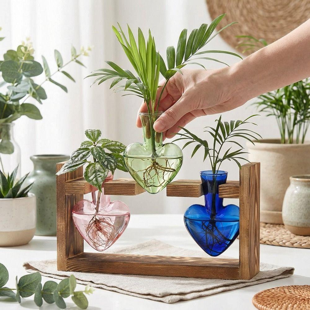 Flower Holder Transparent Heart Shaped Glass Vase Colorful Wooden Stand Flower Container Elegant Desktop Vase Home Decoration