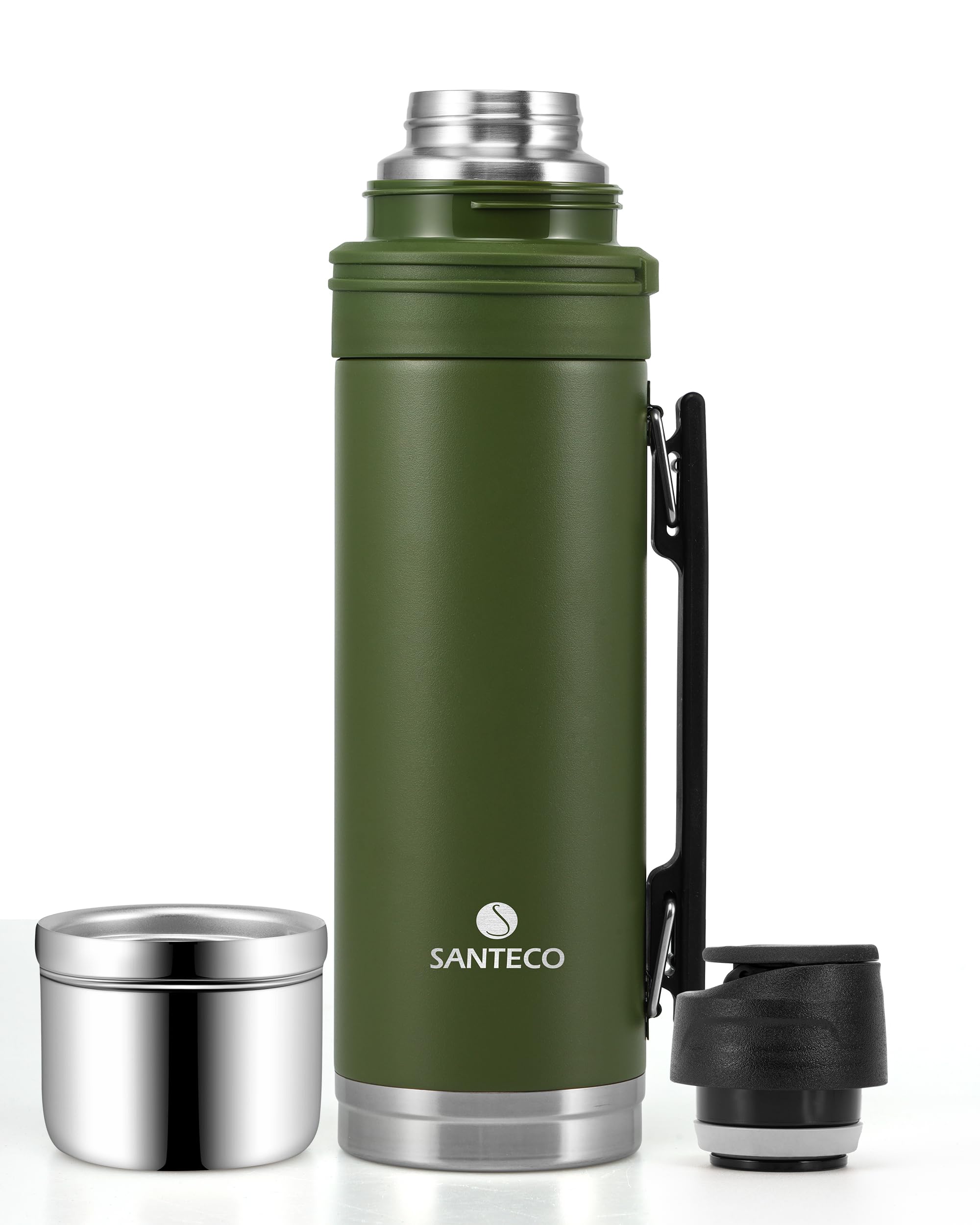 

SANTECO Vacuum Insulated Water 1 with Keeps Cold or Large 316 Stainless Steel Thermos Bottle with Sports Drink Compatible Bottle, Liter, Cup, Hot, зелёный