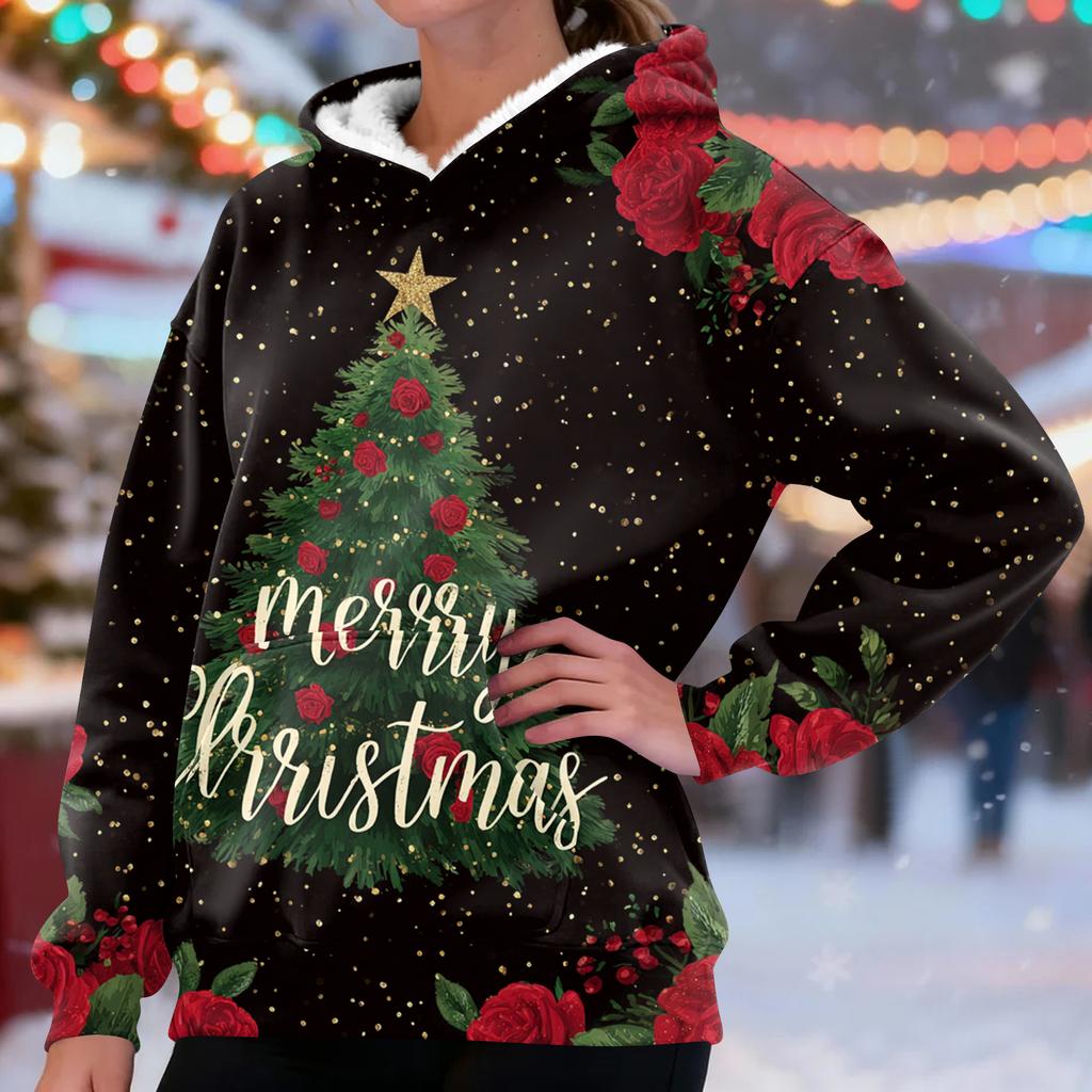 Women's Casual Fashion Plus Velvet Thickened Christmas Print Hooded Sweatshirt