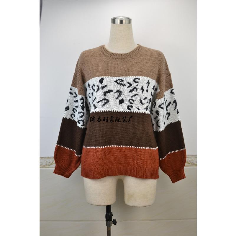 Women's Autumn and Winter Leopard-print Patchwork Knitted Pullover Plus Size Sweater