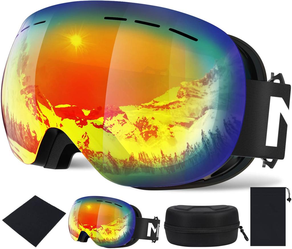 Mixiu Ski Spherical UV400 Blocks of UV Glasses Helmet Includes Cleaning Cloth and Storage Unisex Goggles, Frameless, Lenses, Wide-Angle View,