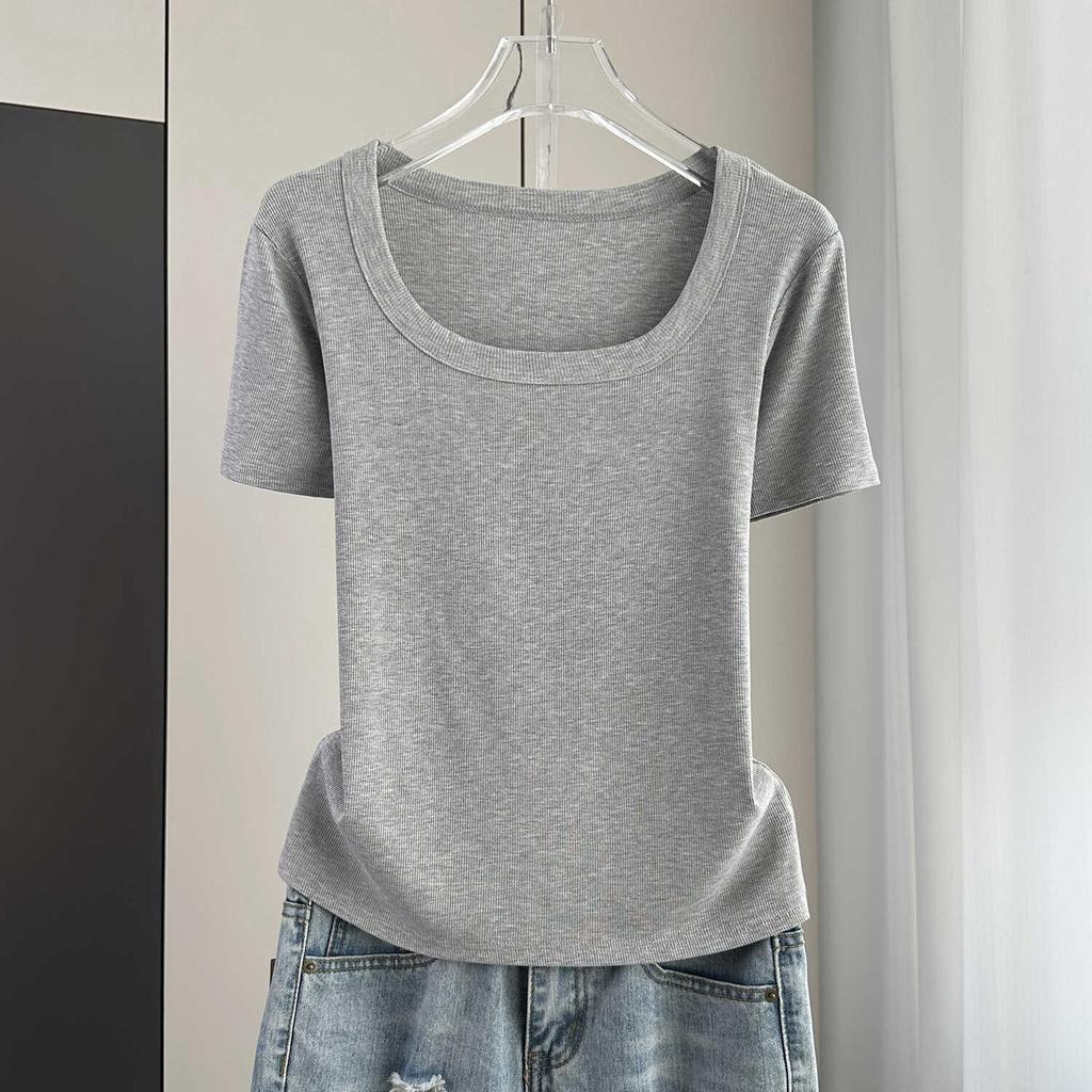 Klassisches geripptes quadratisches Hals-Kurzarm-T-Shirt Locker Schlank Sommer Basis-Oberteil Dehnbar Schlanke Basisschicht Weicher Rippstoff Gut für Innen- und Außenbekleidung Oberteil