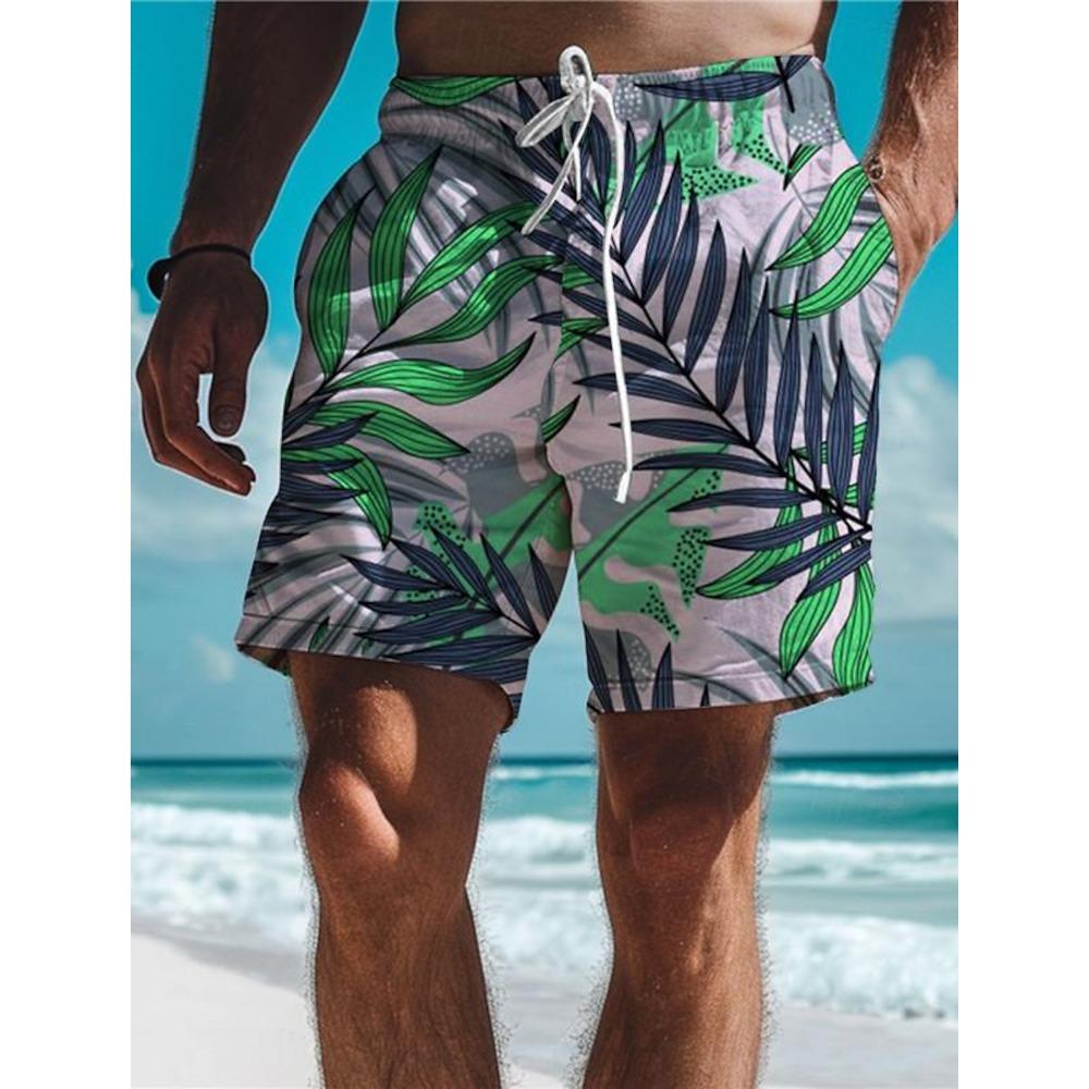 Leaf Tropical Men's Board Shorts Hawaiian Short 3D Printed Swim Trunks Elastic Drawstring Breathable Stretch Short Aloha Style