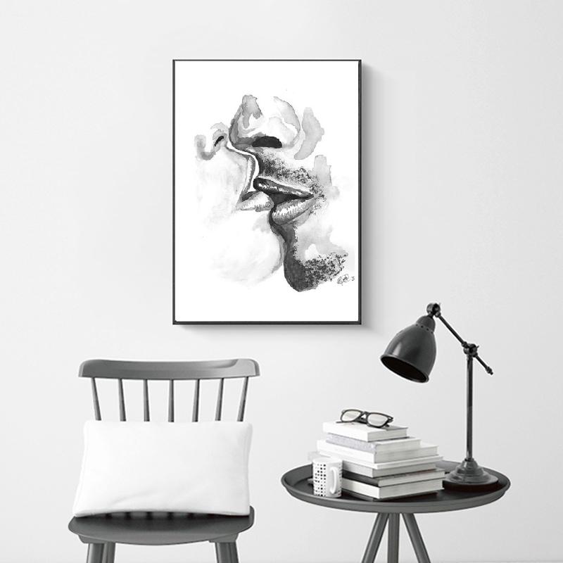 Nordic Fashion  Lover Kiss Black White Abstract Line Posters Print Canvas Painting Hand Wall Art Pictures Bedroom Home Decor