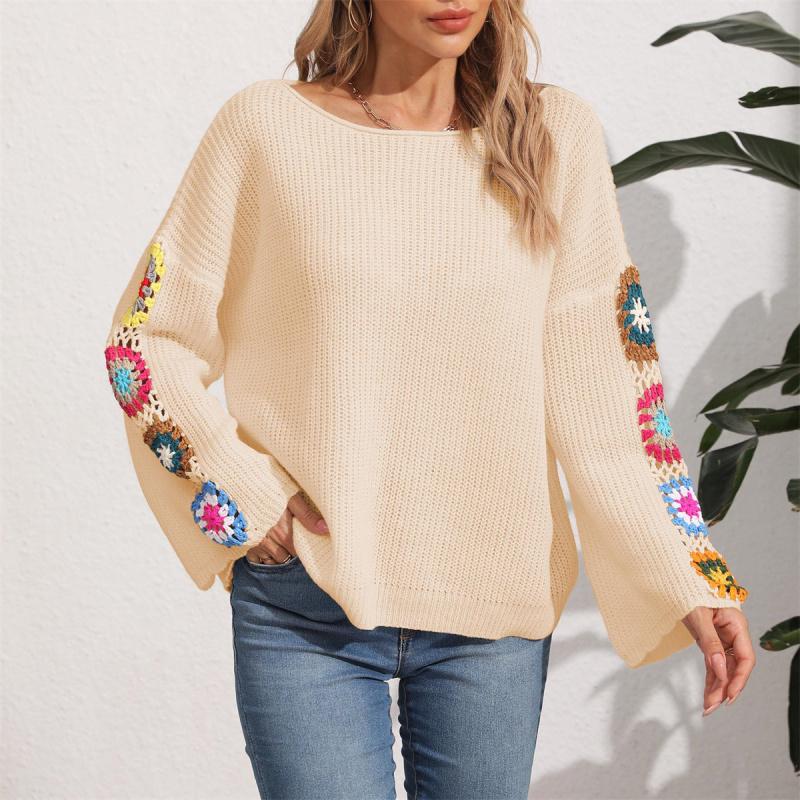 2026 Fall/Winter New Women s Round Neck Pullover Sweater with Hand-Crocheted Floral Patchwork and Long Sleeves S хаки