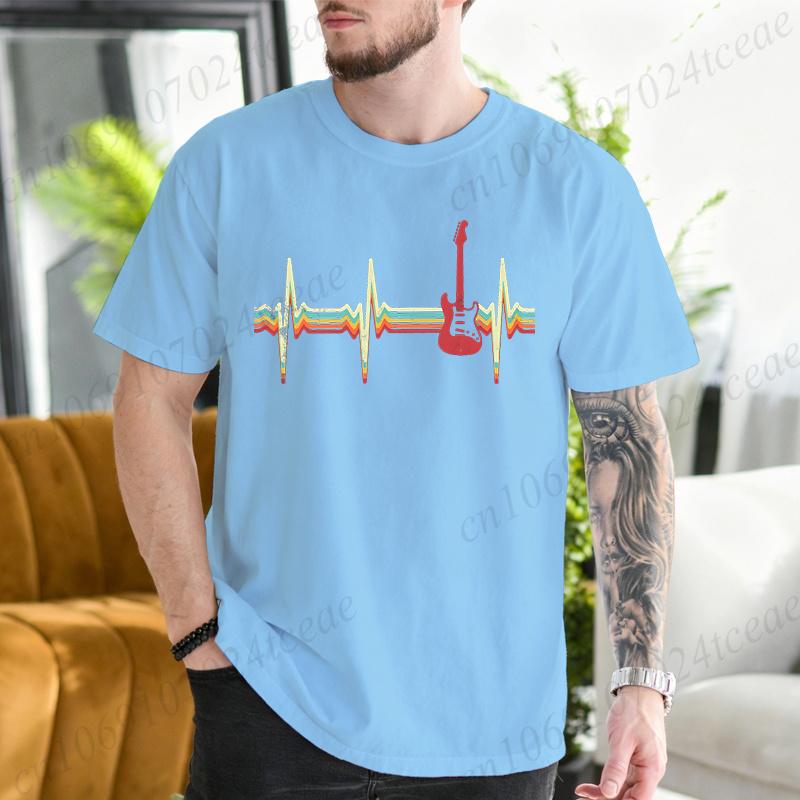 Unisexs Vintage Guitar Heartbeat TShirt Retro Music TShirts Hip Hop Streetwear Casual Short Sleeve Tops Guitarists Tshirts Gift