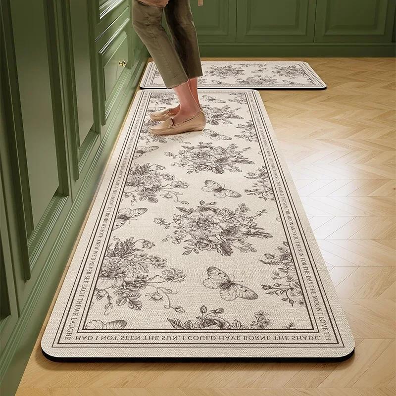 PVC Kitchen Carpet Waterproof Non-slip Oil-proof Leather Rug American Style Flower Pattern Floor Mat  Household Long Strip Mats