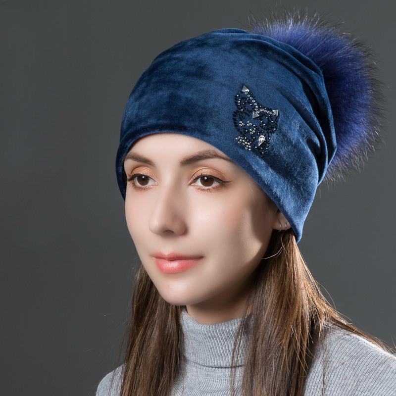 

Шапки со стразами в виде совы для женщин, зимние теплые, плюс бархатные модные шапки с помпонами из натурального меха, женские шапки-бини