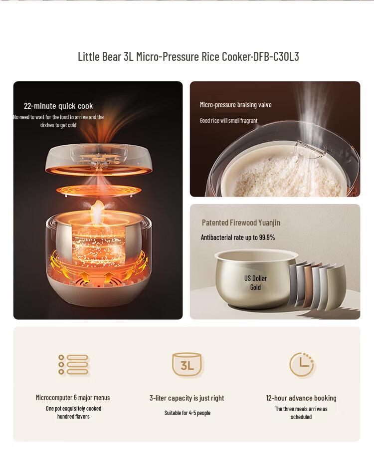 Olla Arrocera Oso 3L: Multifuncional, Antiadherente, Reserva Inteligente, Ideal para 1-3 Personas.