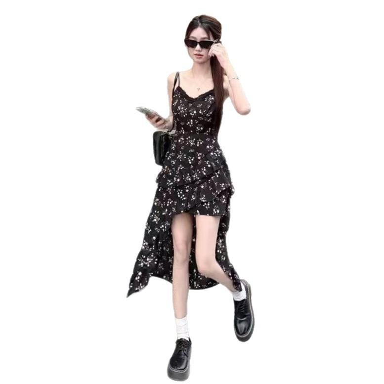 Black Dress Women's Summer New Vacation Casual Style Fashion Irregular Ruffle Edge Floral Suspender Skirt