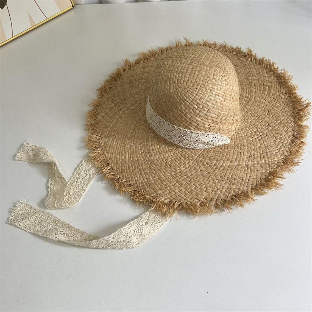 UV Protection Beach Hat Ribbon Weave Straw Cap Casual Sun Protection Cap  Vacation