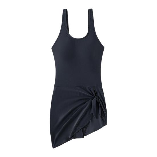 Women Swimsuit U-Neck Sleeveless Padded Swimming Dress Side Knot Irregular Hem Floral Print Monokini