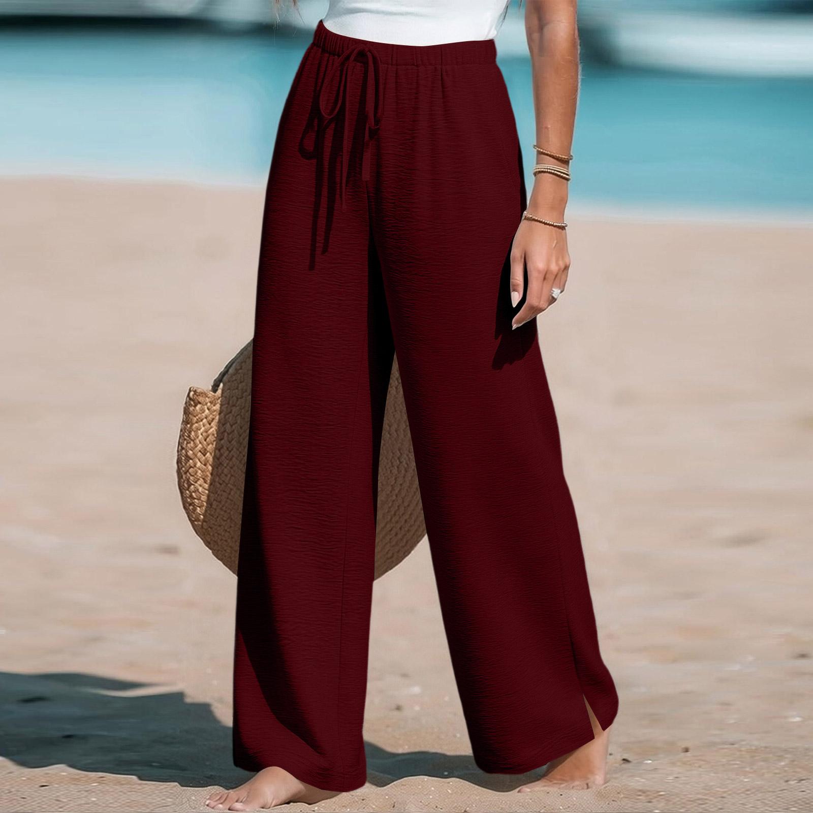 

Women s Loose-fitting, -color, Straight-leg Casual Pants With Drawstring And Pockets. XL винний