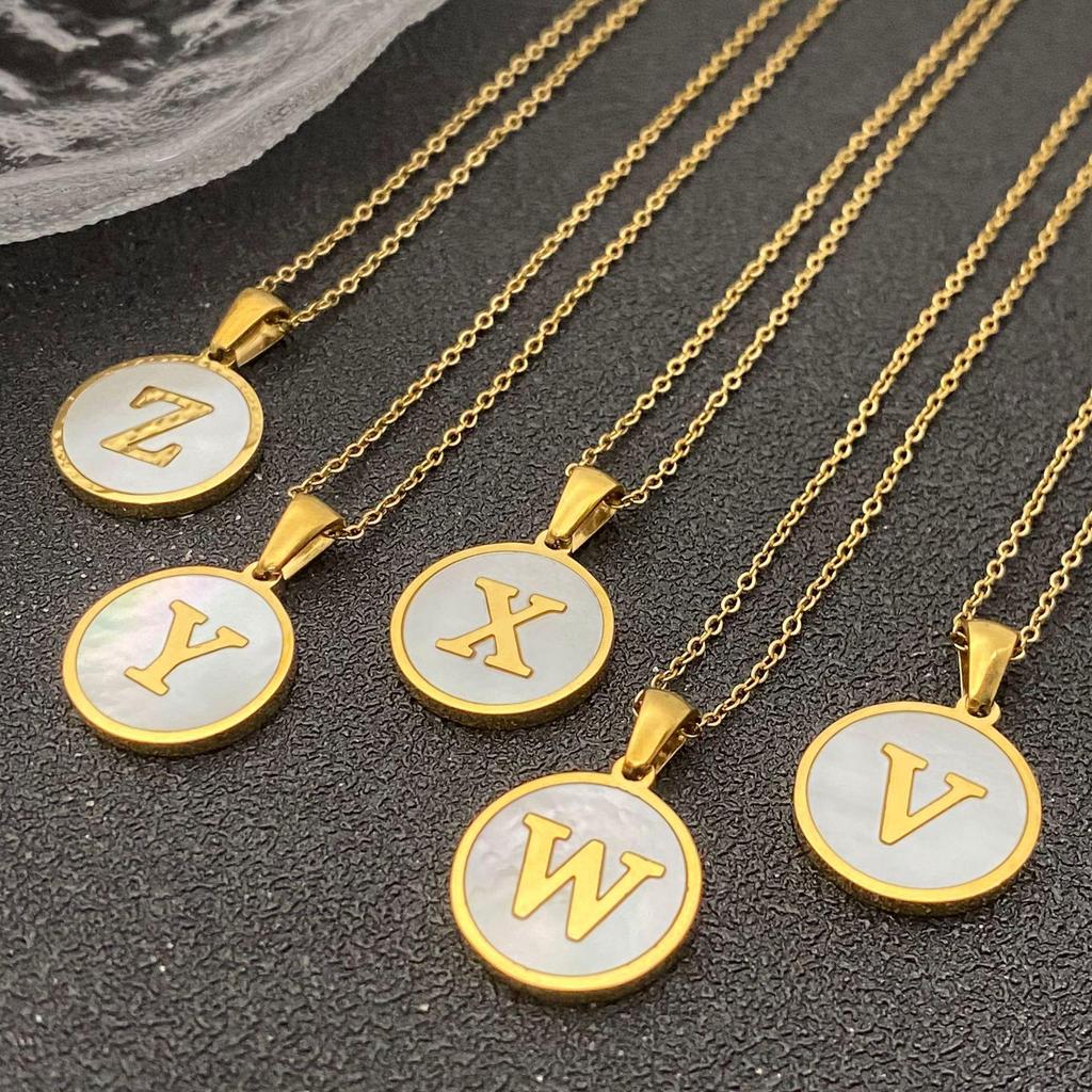 White Stainless Steel Small Round Tag Necklace - 26 Letters, Women's Cold Style Fashion, Versatile Light Luxury, 2025 Collection.
